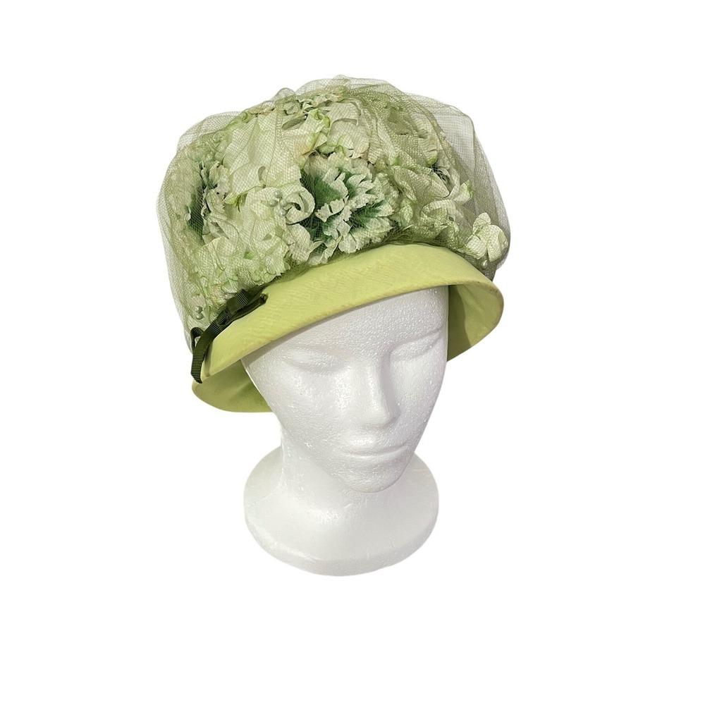 Abbye Pillbox Hat Womens OS Lime Green Floral Netting Bow Vintage 60s Union Made
